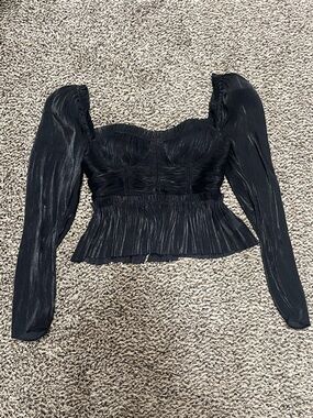 Black Long-Sleeve Pleated Sweetheart Peplum Blouse
